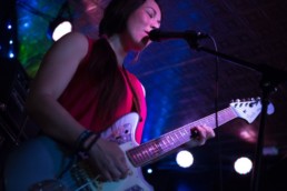 Aya Inoue playing the '65 Fender Jaguar in Ice Blue Metallic. © Luke Awtry